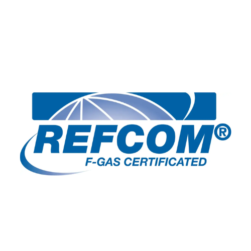 Logo displaying 'REFCOM F-Gas Certificated' in bold blue letters, featuring a curved swoosh and abstract geometric shapes above the text.