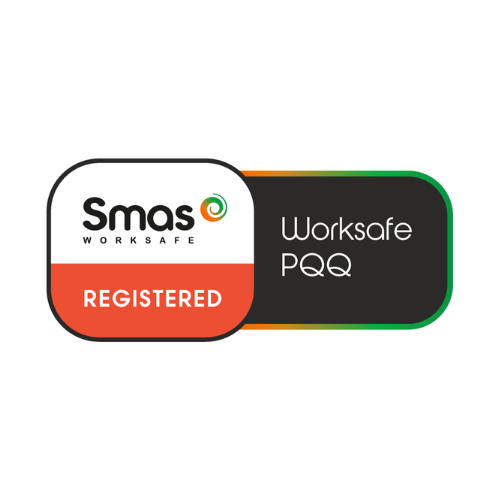 Logo featuring a black "Smas Worksafe" on white above a red "Registered" section. Adjacent, a black box reads "Worksafe PQQ" in white.