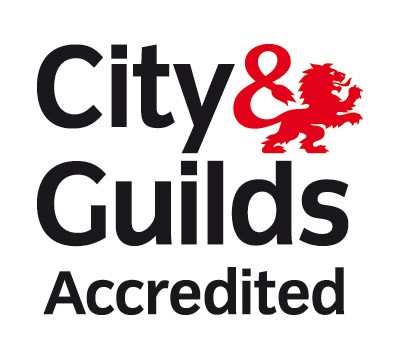 The image features the "City & Guilds Accredited" logo with bold black text and a red lion. The tone conveys prestige and official recognition.
