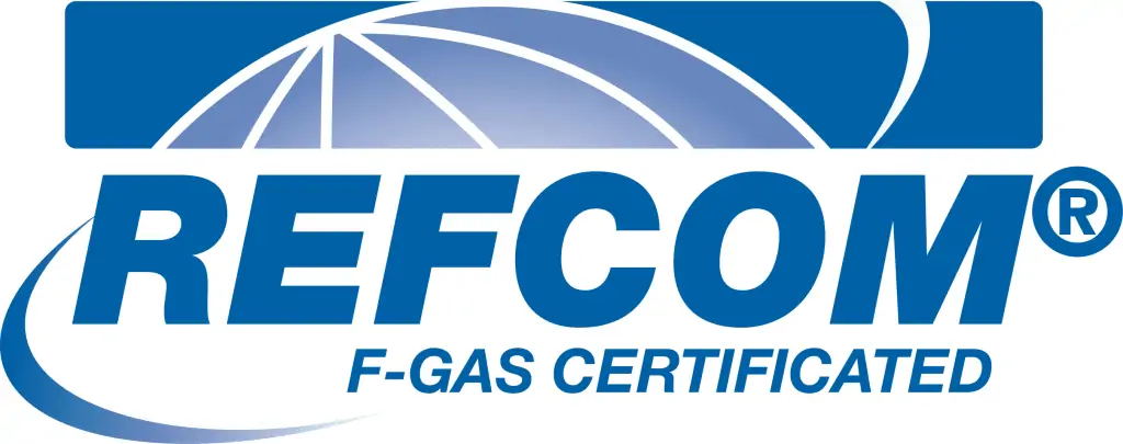 Alt text: "REFCOM logo with blue text 'F-GAS CERTIFICATED' below a stylized globe design in shades of blue, conveying certification and global standards."